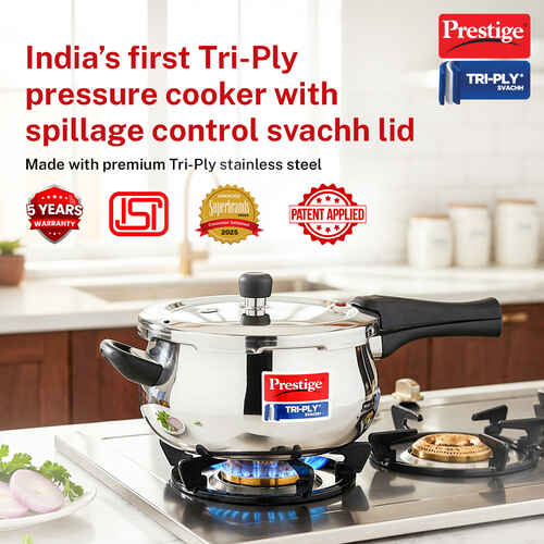  Prestige 5 Litre TRIPLY Svachh Outer Lid Pressure Cooker | Handi | Deep Lid for Spillage Control | Gas & Induction Compatible | Gasket Release System | Visual Pressure Indicator | 5Y Warranty | ISI - Alternate View